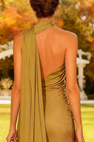 Load image into Gallery viewer, Khaki Satin Halter Mermaid Long Formal Dress