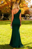 Load image into Gallery viewer, Dark Green One Shoulder Mermaid Long Formal Dress with Slit