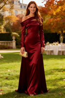 Load image into Gallery viewer, Burgundy Satin Long Sleeves Sheath Formal Dress