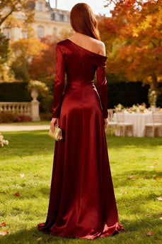 Burgundy Satin Long Sleeves Sheath Formal Dress