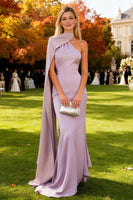 Load image into Gallery viewer, Light Purple Satin Long Mermaid Formal Dress with Cape