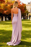 Load image into Gallery viewer, Light Purple Satin Long Mermaid Formal Dress with Cape