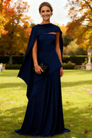 Load image into Gallery viewer, Navy Sheath Long Strapless Formal Dress with Cape