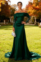 Load image into Gallery viewer, Sparkly Dark Green Off the Shoulder Mermaid Long Formal Dress with Cape