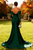 Load image into Gallery viewer, Sparkly Dark Green Off the Shoulder Mermaid Long Formal Dress with Cape