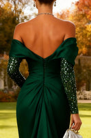 Load image into Gallery viewer, Sparkly Dark Green Off the Shoulder Mermaid Long Formal Dress with Cape