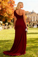 Load image into Gallery viewer, One Shoulder Burgundy Long Formal Dress with Cape