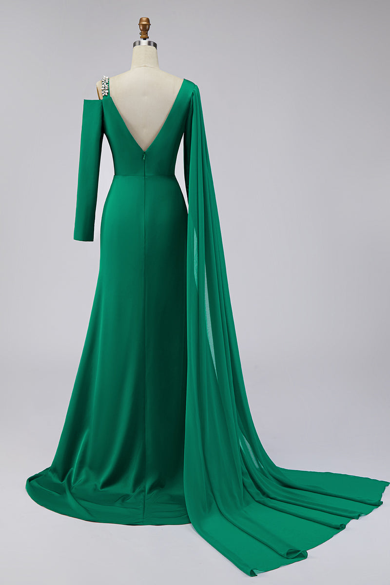 Load image into Gallery viewer, Sparkly Green Long Sleeves Mermaid Formal Dress with Cape