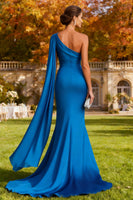 Load image into Gallery viewer, Royal Blue One Shoulder Mermaid Long Formal Dress with Cape