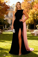 Load image into Gallery viewer, Black Bateau Neck Mermaid Long Formal Dress with Slit