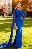 Load image into Gallery viewer, Sparkly Royal Blue Long Mermaid Formal Dress with Cape