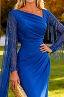 Load image into Gallery viewer, Sparkly Royal Blue Long Mermaid Formal Dress with Cape