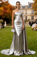 Load image into Gallery viewer, Sparkly Silver Floral Mermaid Long Formal Dress with Cape