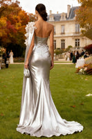 Load image into Gallery viewer, Sparkly Silver Floral Mermaid Long Formal Dress with Cape