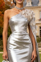 Load image into Gallery viewer, Sparkly Silver Floral Mermaid Long Formal Dress with Cape