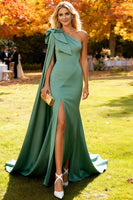 Load image into Gallery viewer, Sage Green Mermaid Satin Long Formal Dress with Cape