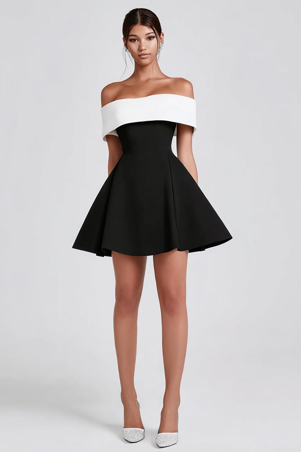 Queendancer Women Black and White Short Cocktail Dress A-Line Off the