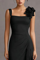 Load image into Gallery viewer, Black Bodycon Ruffled Midi Cocktail Dress with 3D Flower