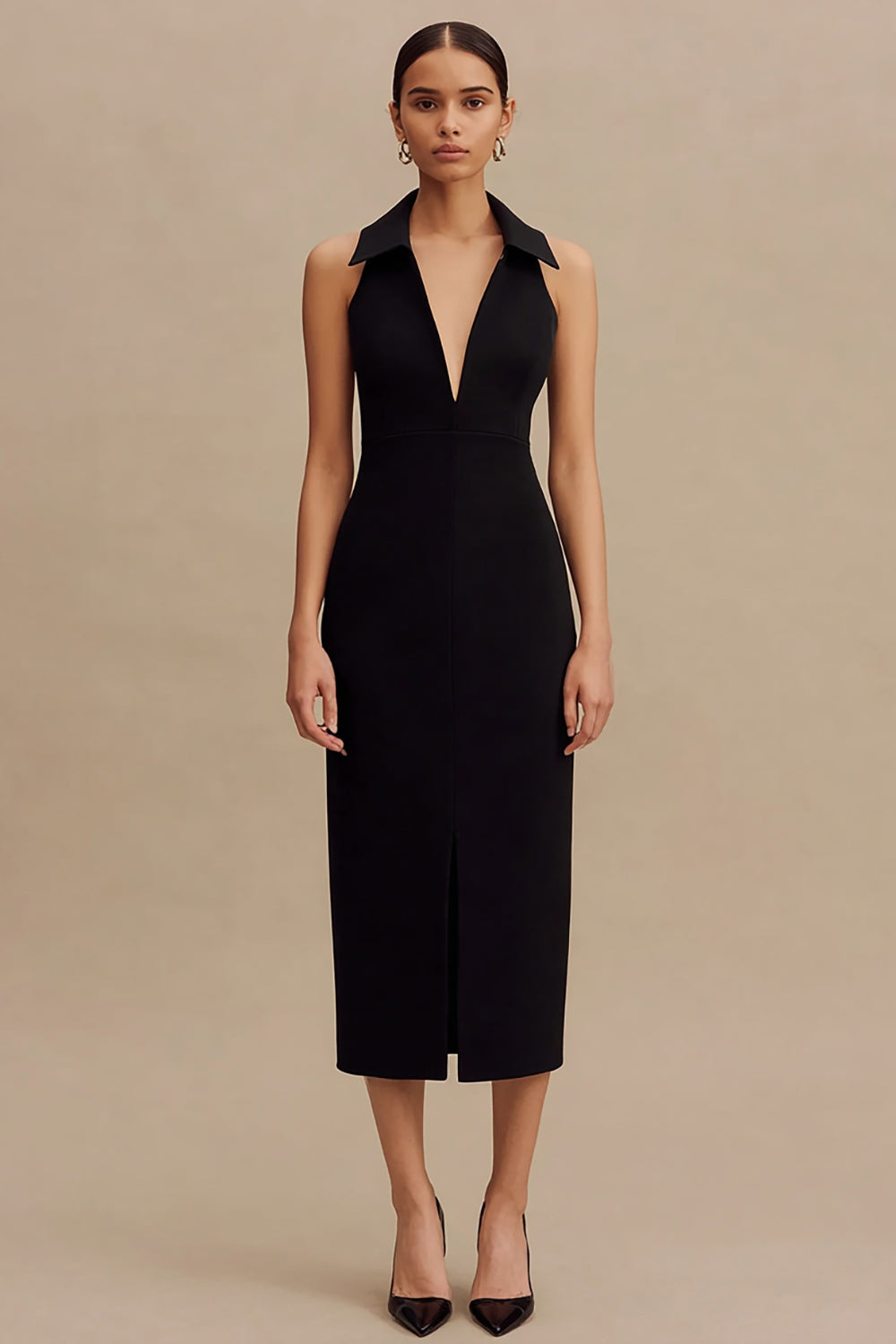 Queendancer Women Black Midi Cocktail Dress with Slit Bodycon Halter
