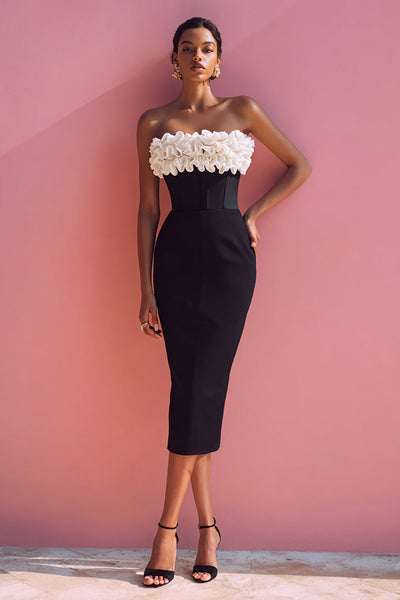 Black and White Bodycon Corset Midi Cocktail Dress with Ruffles