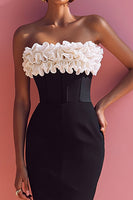 Load image into Gallery viewer, Black and White Bodycon Corset Midi Cocktail Dress with Ruffles