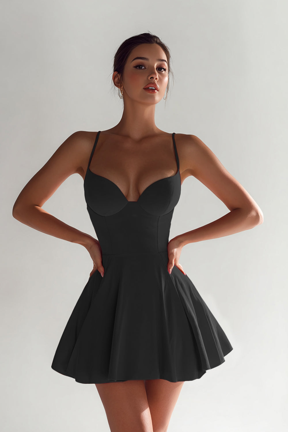 Queendancer Women Black Short Cocktail Dress A-Line Spaghetti Straps