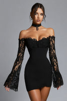 Load image into Gallery viewer, Bodycon Black Short Cocktail Dress with Lace