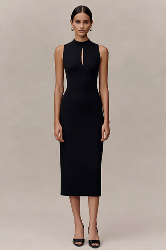 Bodycon Black Midi Cocktail Dress with Keyhole