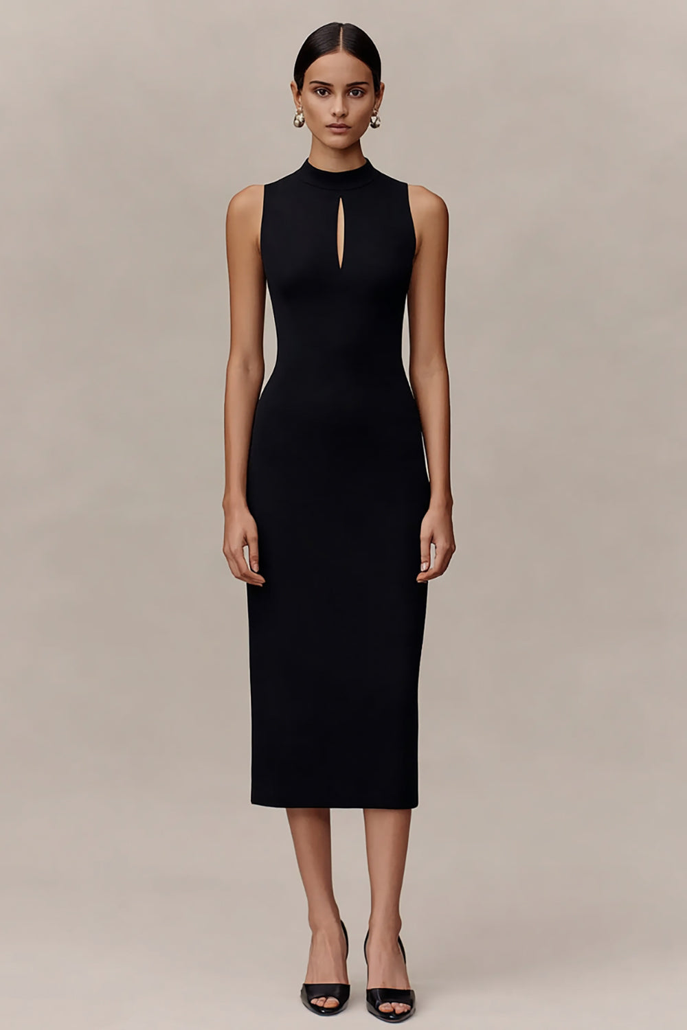 Queendancer Women Black Midi Cocktail Dress with Keyhole High Neck