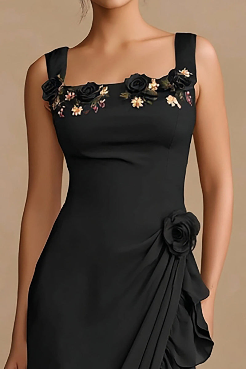 Load image into Gallery viewer, Black Bodycon Floral Ruffled Midi Cocktail Dress with Slit