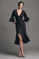 Load image into Gallery viewer, Flare Sleeves Black Midi Cocktail Dress with Slit