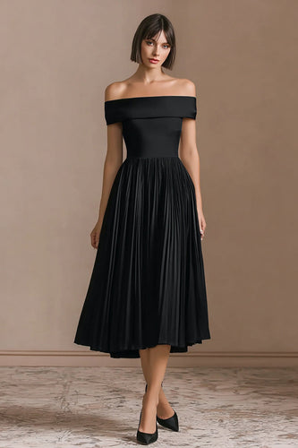 A-Line Midi Black Tie Dress with Pleats