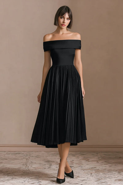 A-Line Midi Black Tie Dress with Pleats