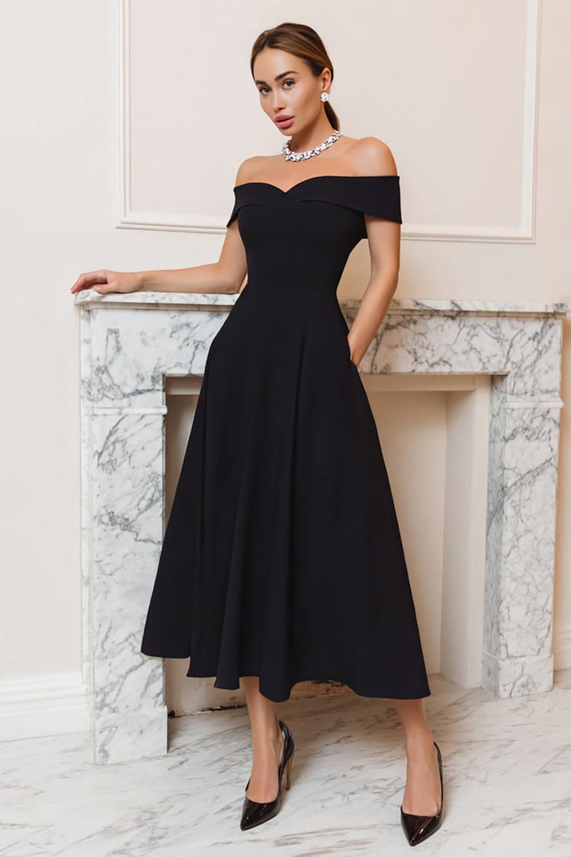 Load image into Gallery viewer, Off the Shoulder A-Line Black Tie Dress