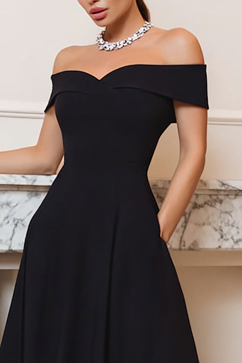 Load image into Gallery viewer, Off the Shoulder A-Line Black Tie Dress