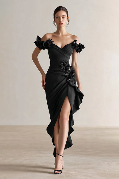 Sparkly Black Ruffled Sheath Formal Dress with 3D Flowers