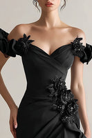 Load image into Gallery viewer, Sparkly Black Ruffled Sheath Formal Dress with 3D Flowers