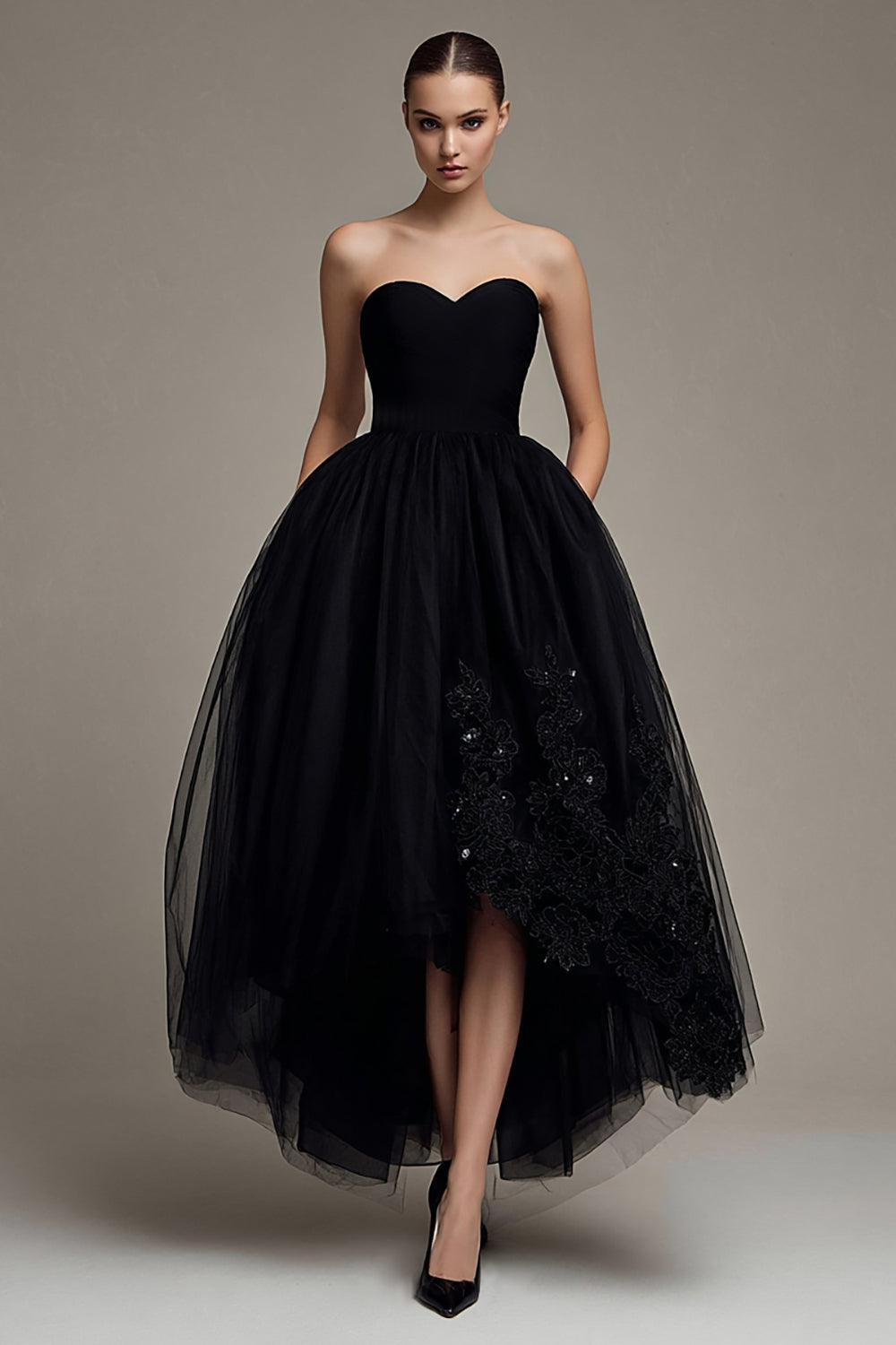 Queendancer Women Sparkly Black Tulle Princess Formal Dress Appliqued