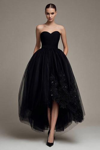 Sparkly Princess Black Maxi Tulle Formal Dress with Appliques