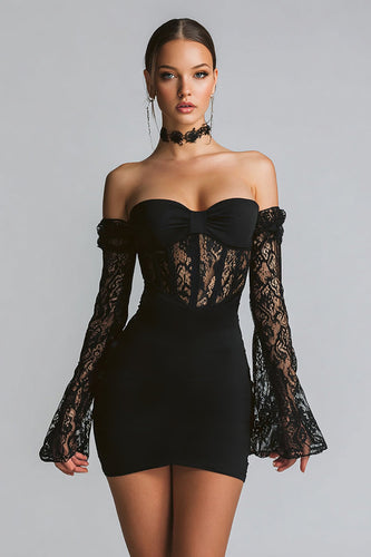 Black Bodycon Short Corset Cocktail Dress with Lace
