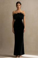 Load image into Gallery viewer, Velvet Black Long Holiday Party Dress with Feathers