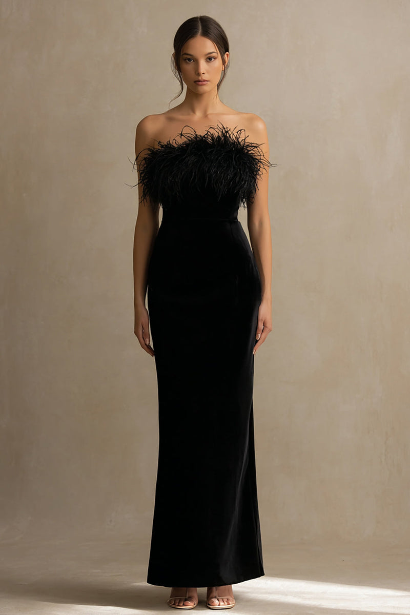 Load image into Gallery viewer, Velvet Black Long Holiday Party Dress with Feathers