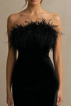 Velvet Black Long Holiday Party Dress with Feathers