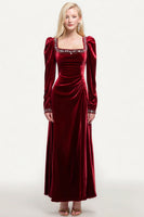 Load image into Gallery viewer, Sparkly Burgundy A-Line Velvet Long Holiday Party Dress with Beading