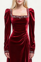 Load image into Gallery viewer, Sparkly Burgundy A-Line Velvet Long Holiday Party Dress with Beading
