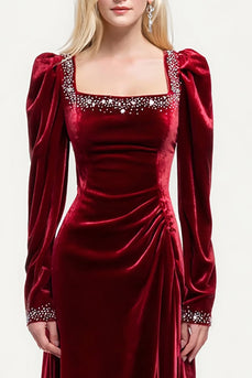 Sparkly Burgundy A-Line Velvet Long Holiday Party Dress with Beading