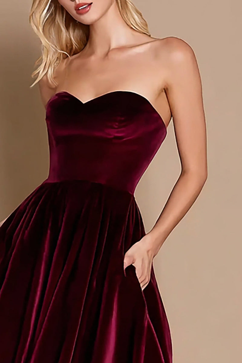 Load image into Gallery viewer, Burgundy Velvet A-Line Midi Holiday Party Dress