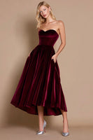 Load image into Gallery viewer, Burgundy Velvet A-Line Midi Holiday Party Dress