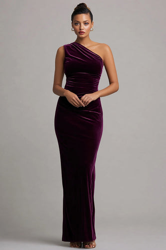 Plum Velvet Ruched Mermaid Maxi Holiday Party Dress