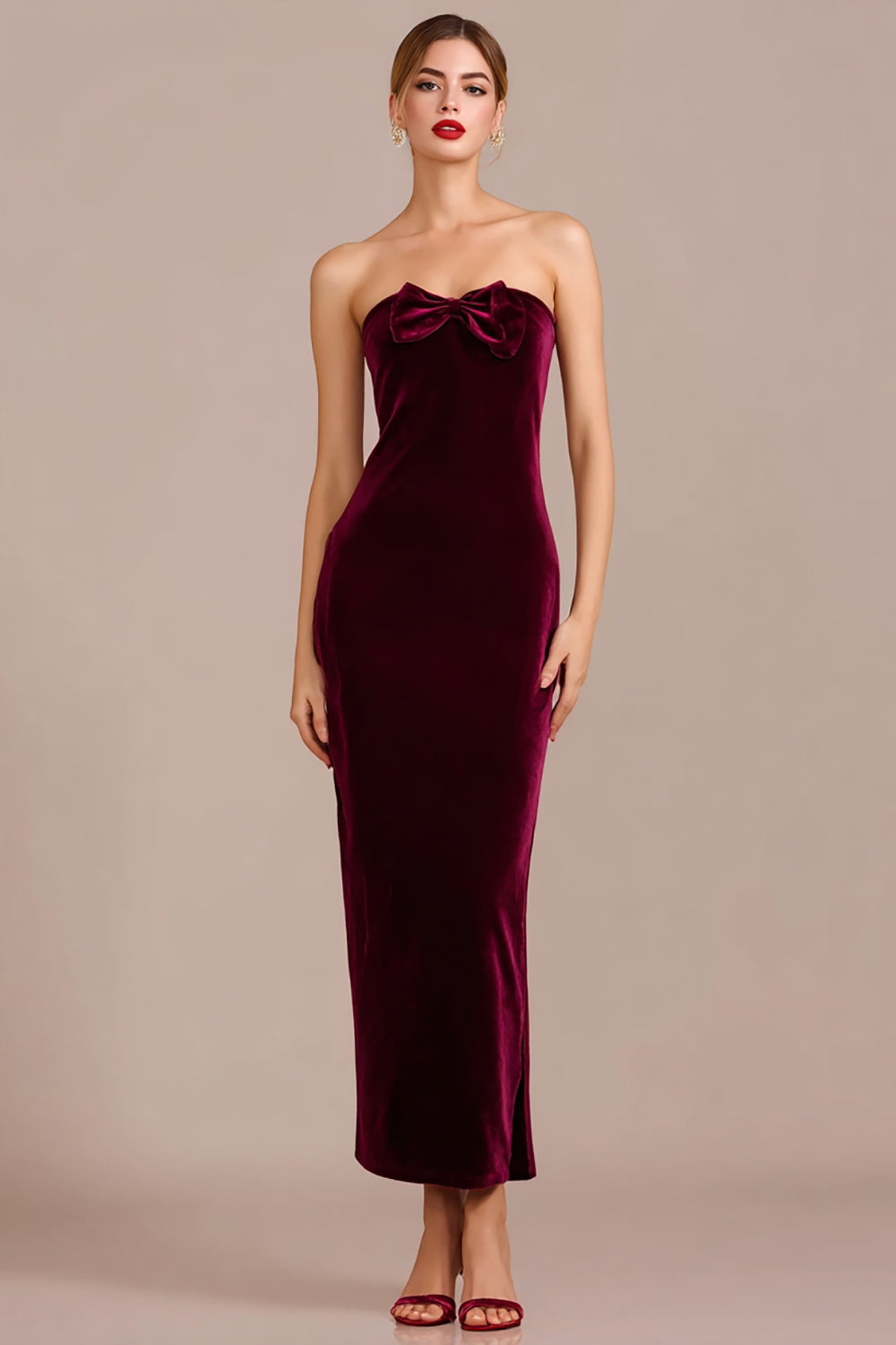 Burgundy Velvet Maxi Mermaid Holiday Party Dress with Bow